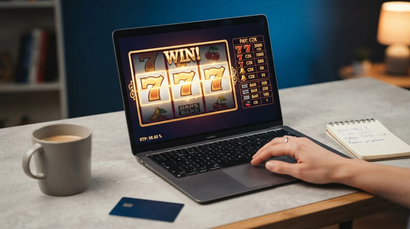 Výřez z online automatu s viditelnou výherní tabulkou a ukazatelem RTP, v pozadí roztočené válce