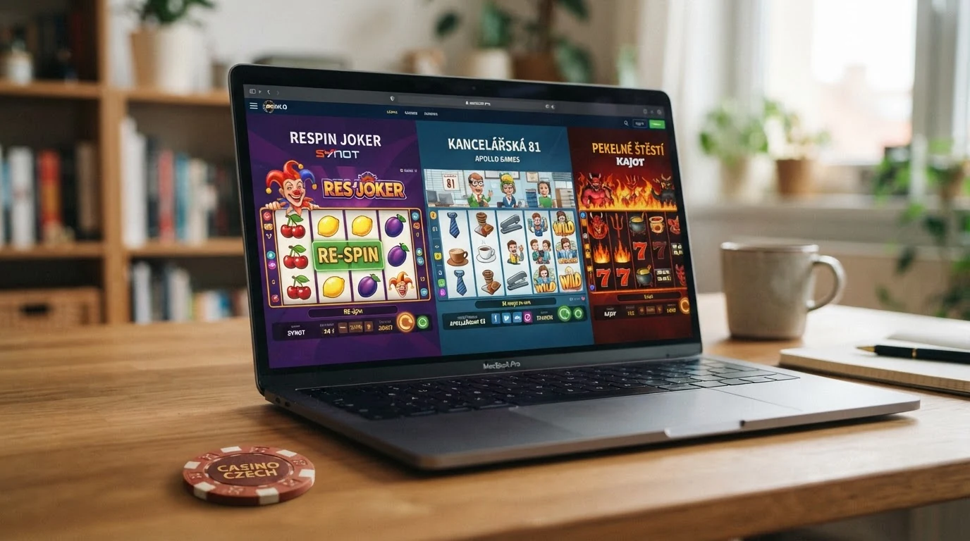 Koláž obrazovek populárních online automatů od českých výrobců — Respin Joker, Kancelářská 81, Pekelné štěstí — s viditelnými válci a výherními liniemi