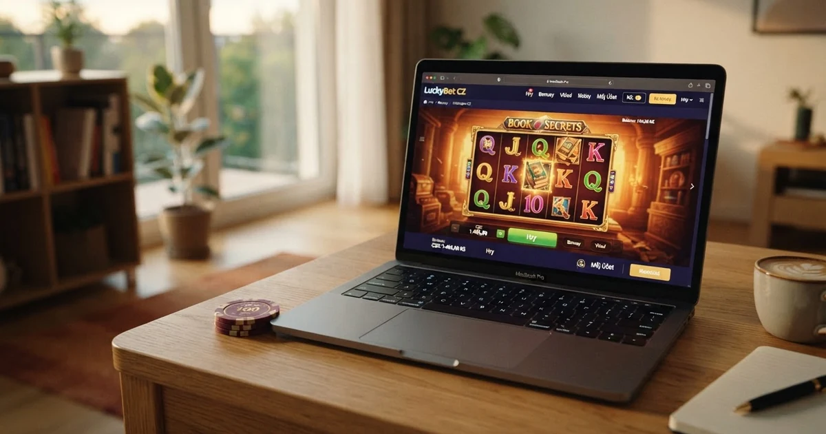 Herní rozhraní online casina s českou lokalizací na obrazovce notebooku