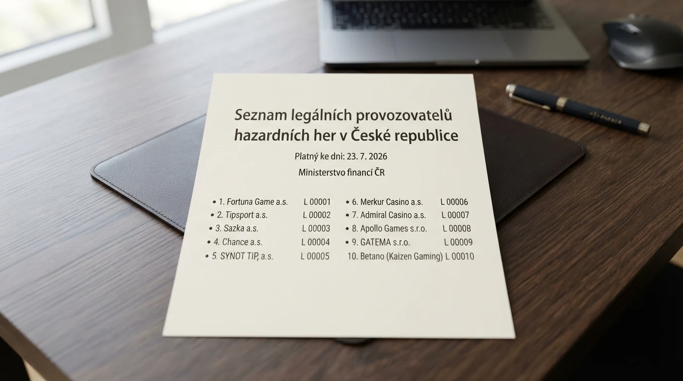 Výřez bílé listiny Ministerstva financí se zvýrazněným jménem licencovaného provozovatele a datem aktualizace