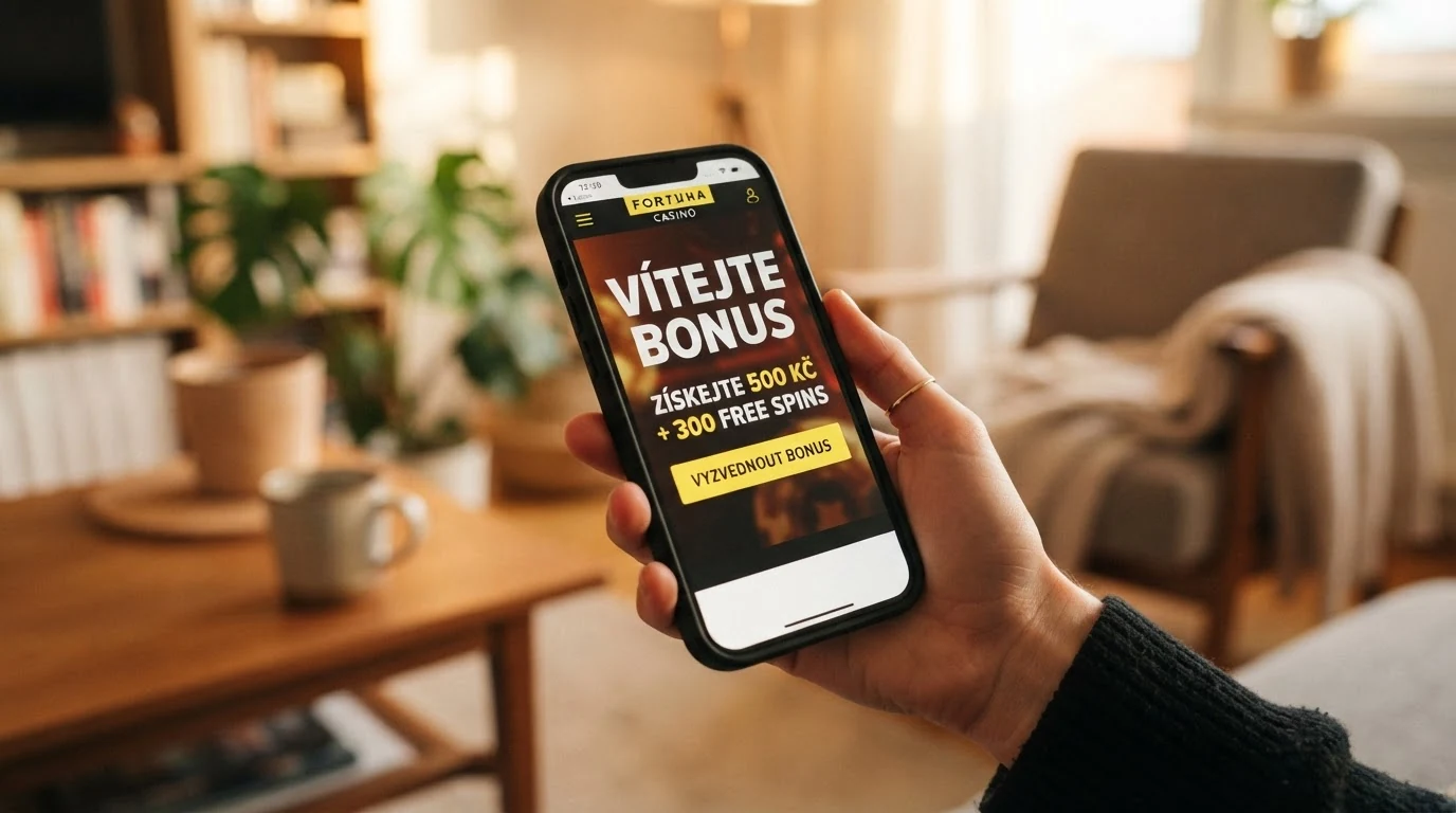 Propagační banner s nabídkou uvítacího bonusu v online casinu na pozadí automatu