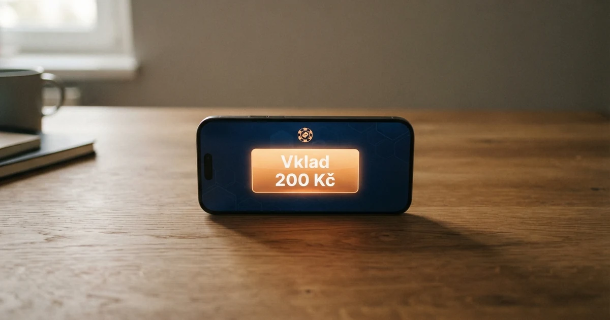 Hráč s mobilem v ruce na stránce online kasina, displej ukazuje tlačítko vkladu s částkou 200 Kč