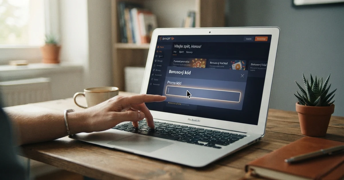 Hráč u notebooku zadává promo kód do pole na stránce online casina