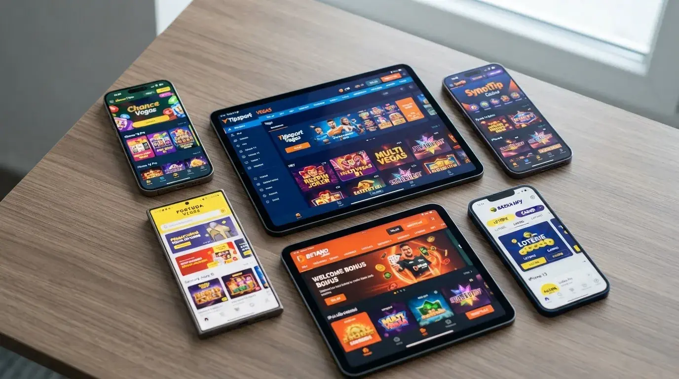 Koláž log a náhledů prostředí licencovaných českých online kasin — Tipsport Vegas, Sazka Hry, Fortuna Vegas a SynotTip vedle sebe