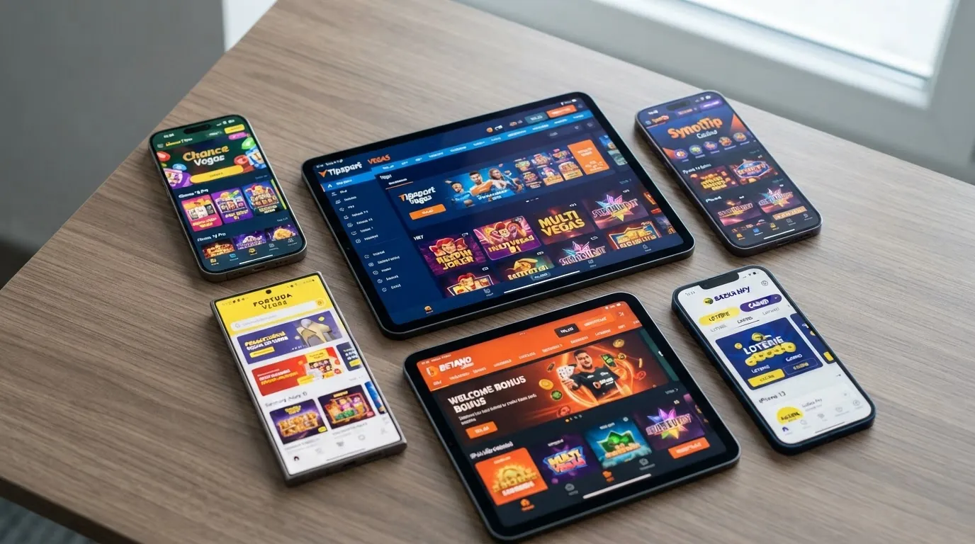 Koláž log a náhledů prostředí licencovaných českých online kasin — Tipsport Vegas, Sazka Hry, Fortuna Vegas a SynotTip vedle sebe
