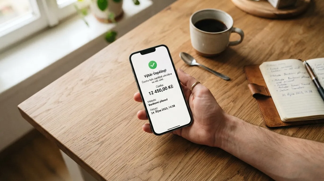 Mobilní telefon s potvrzením o úspěšném přijetí výběru na bankovní účet