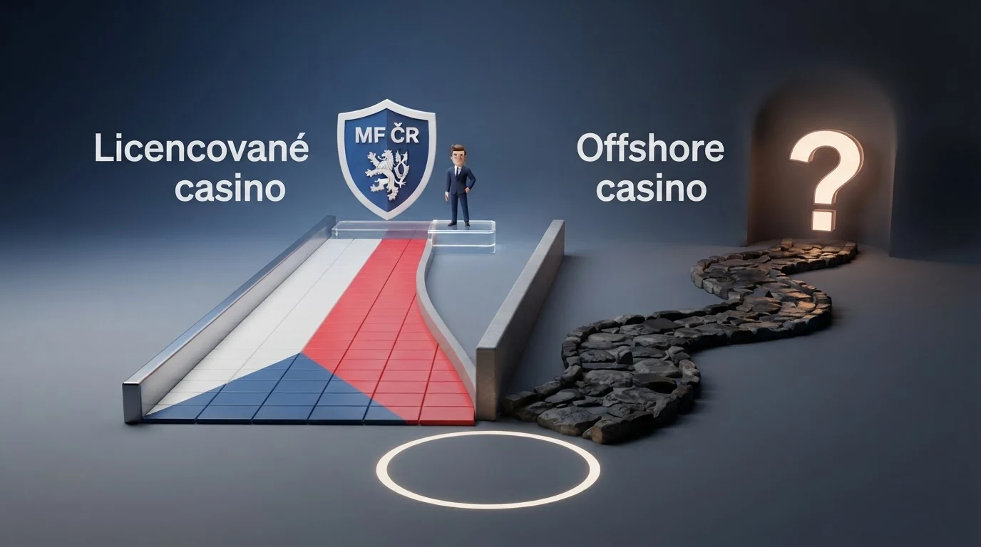 Infografika dvou cest: licencované casino (ověření totožnosti, bankovní účet, RVO ochrana) versus offshore casino (e-mail, kryptoměna, bez RVO)