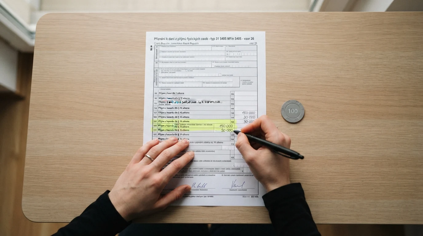 Detail daňového formuláře s vyznačenou kolonkou pro příjem z hazardu a částkou 50 000 Kč