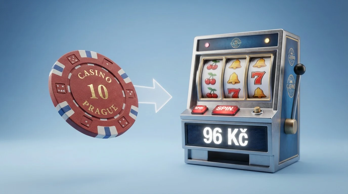 Infografika znázorňující tok vkladů: 100 Kč vložených do automatu s 96% RTP — 96 Kč se vrací hráčům, 4 Kč zůstávají casinu v dlouhém období