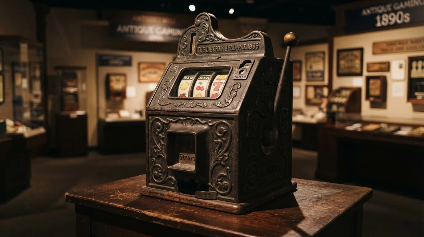 Historický mechanický hrací automat s kovovou pákou na pravé straně, třemi válci s ovocnými symboly a nápisem BAR — exponát z konce 19. století