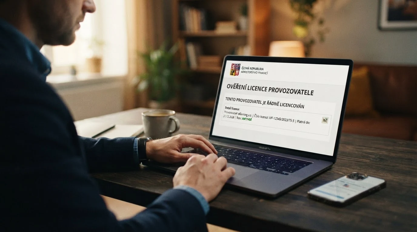 Detail oficiálního dokumentu s logem Ministerstva financí ČR, výřez ze Seznamu legálních provozovatelů hazardních her a ikona ověřené licence