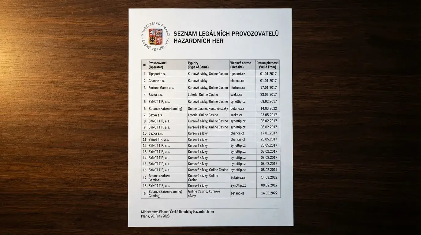 Detail úředního dokumentu – výřez ze Seznamu legálních provozovatelů hazardních her Ministerstva financí ČR