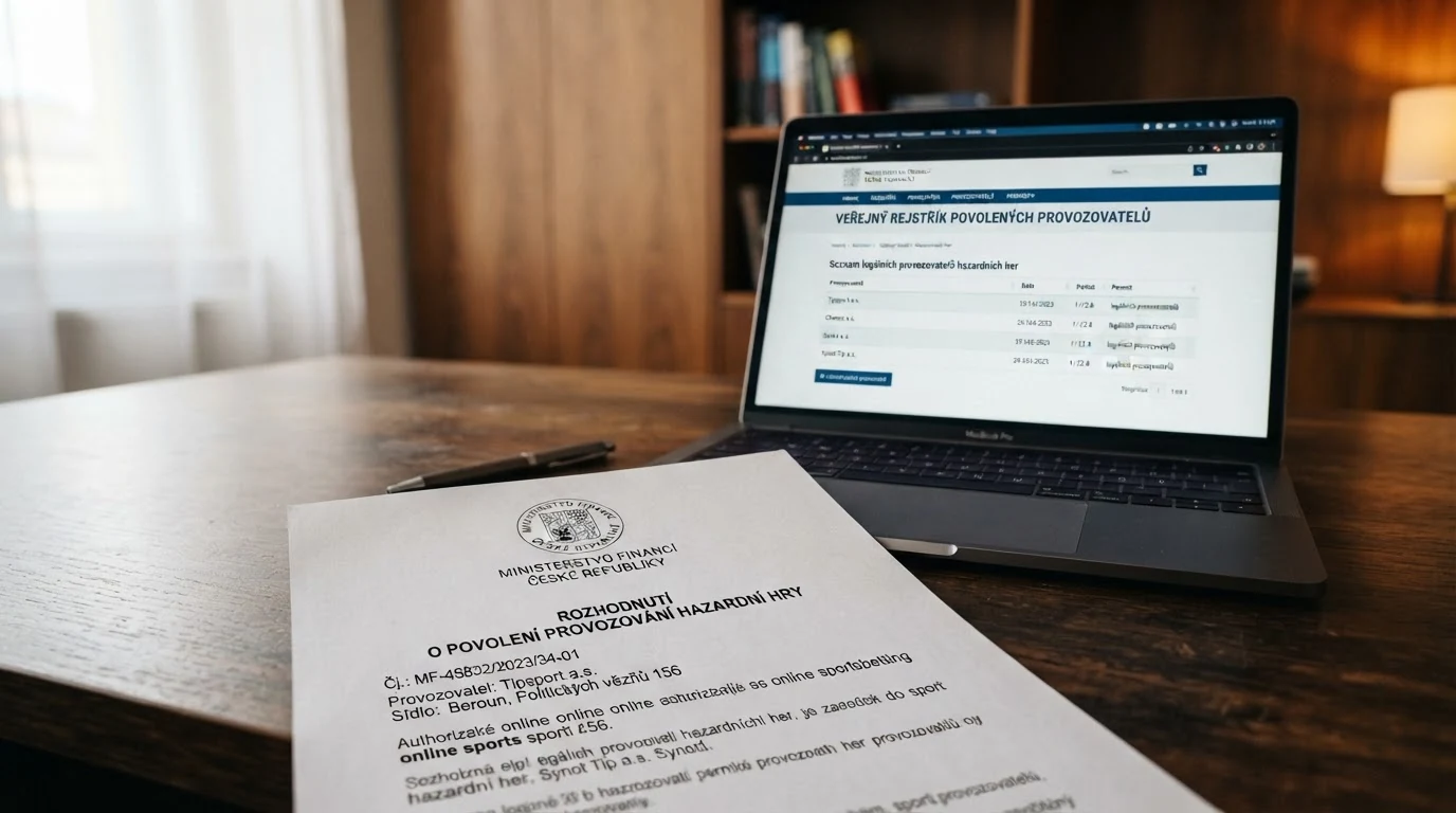 Úřední dokument s pečetí Ministerstva financí ČR v popředí, pozadí s logy licencovaných operátorů