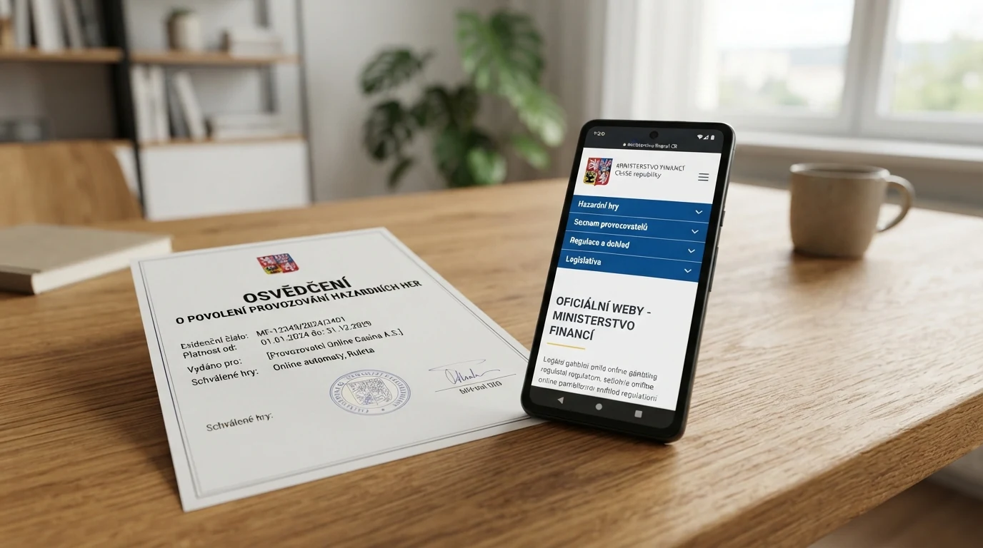Oficiální logo nebo symbol Ministerstva financí ČR vedle mobilního telefonu s otevřenou stránkou licencovaného kasina
