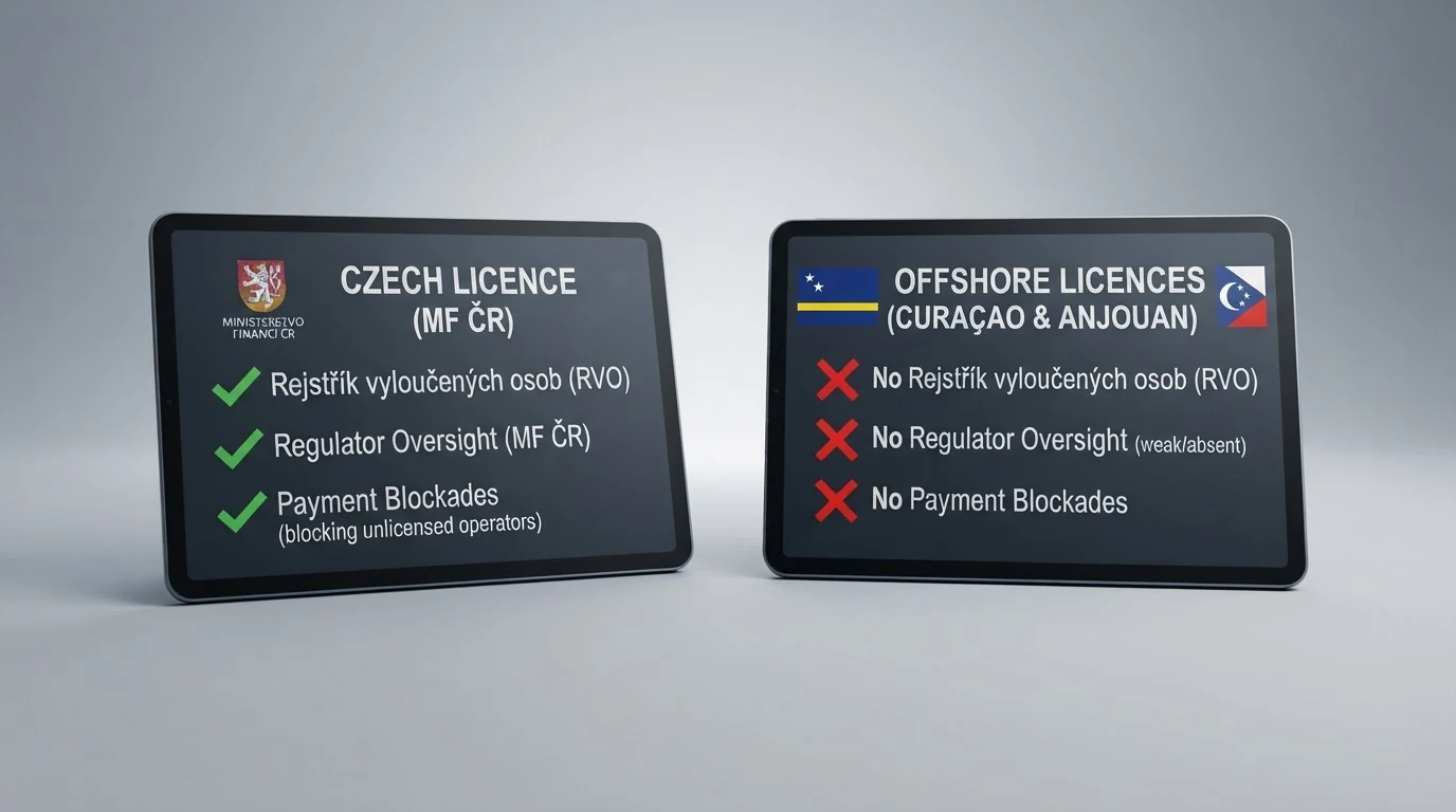 Infografika srovnávající ochranu hráče pod CZ licencí MF ČR a pod offshore licencemi Curaçao a Anjouan