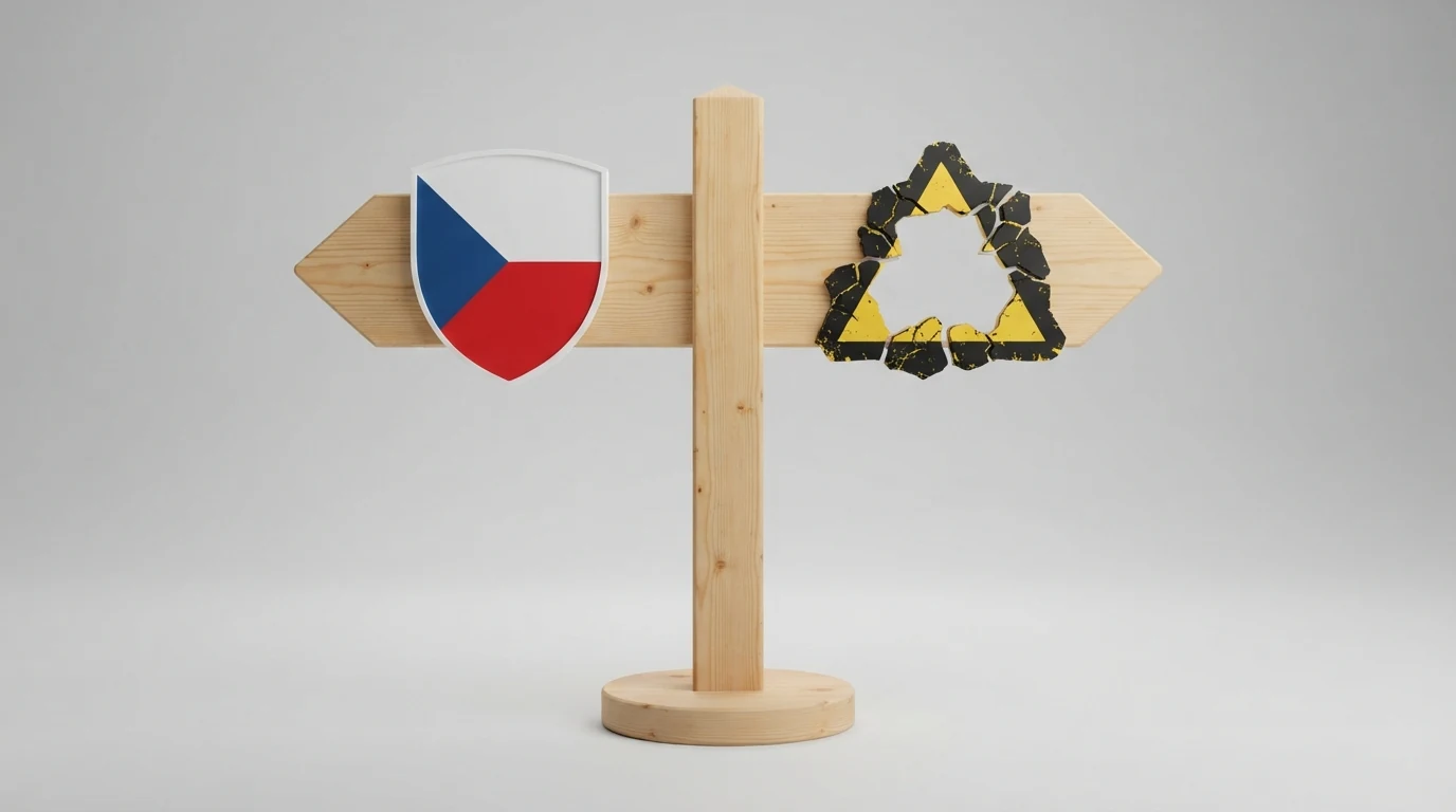 Rozcestník se dvěma směry — vlevo symbol české licence a ochrany hráče, vpravo varovný symbol s nápisem bez záruky