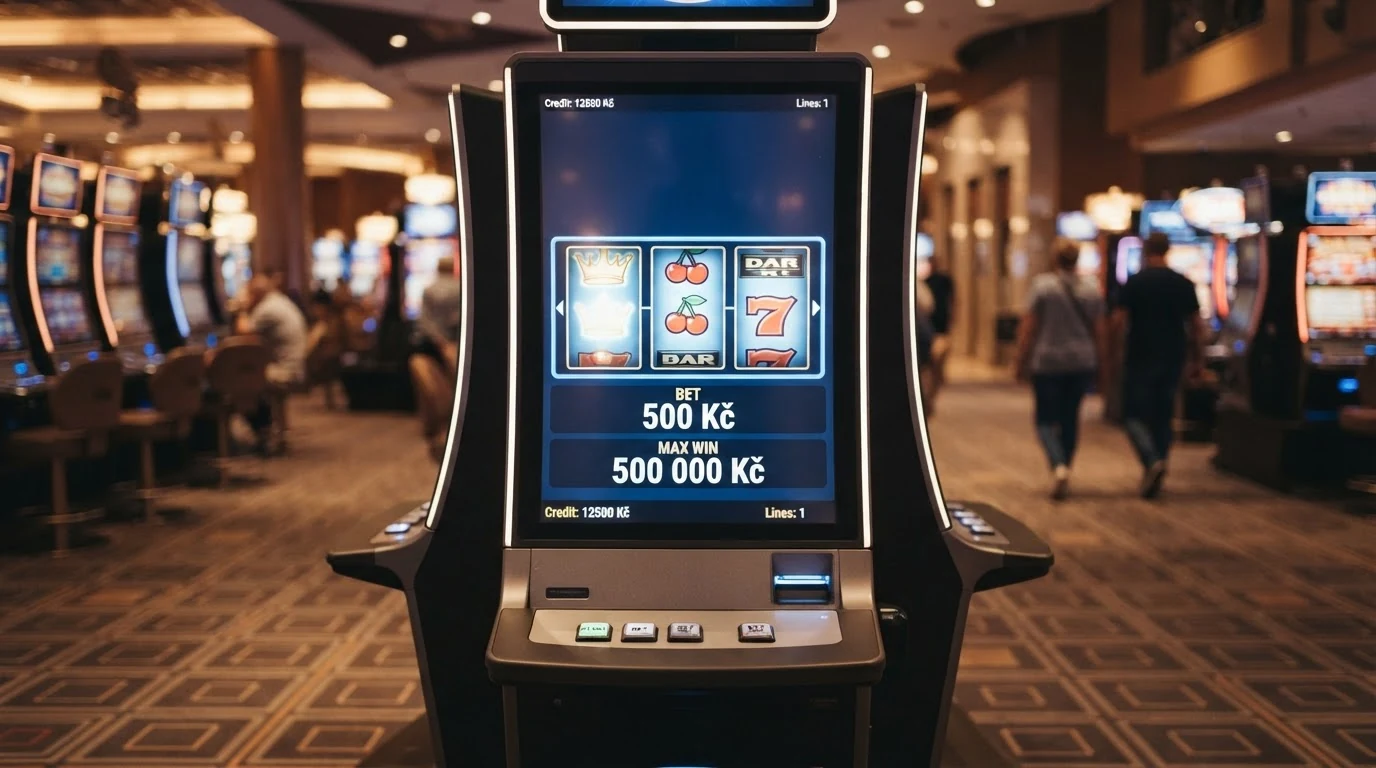 Automat s displejem ukazujícím sázku 500 Kč a maximální výhru 500 000 Kč
