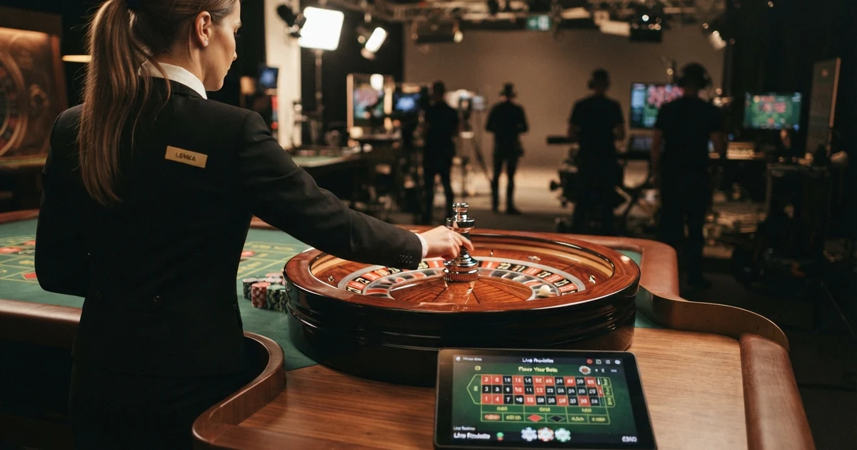 Krupiér u ruletového stolu v live-casino studiu, v popředí digitální sázecí rozhraní na obrazovce tabletu