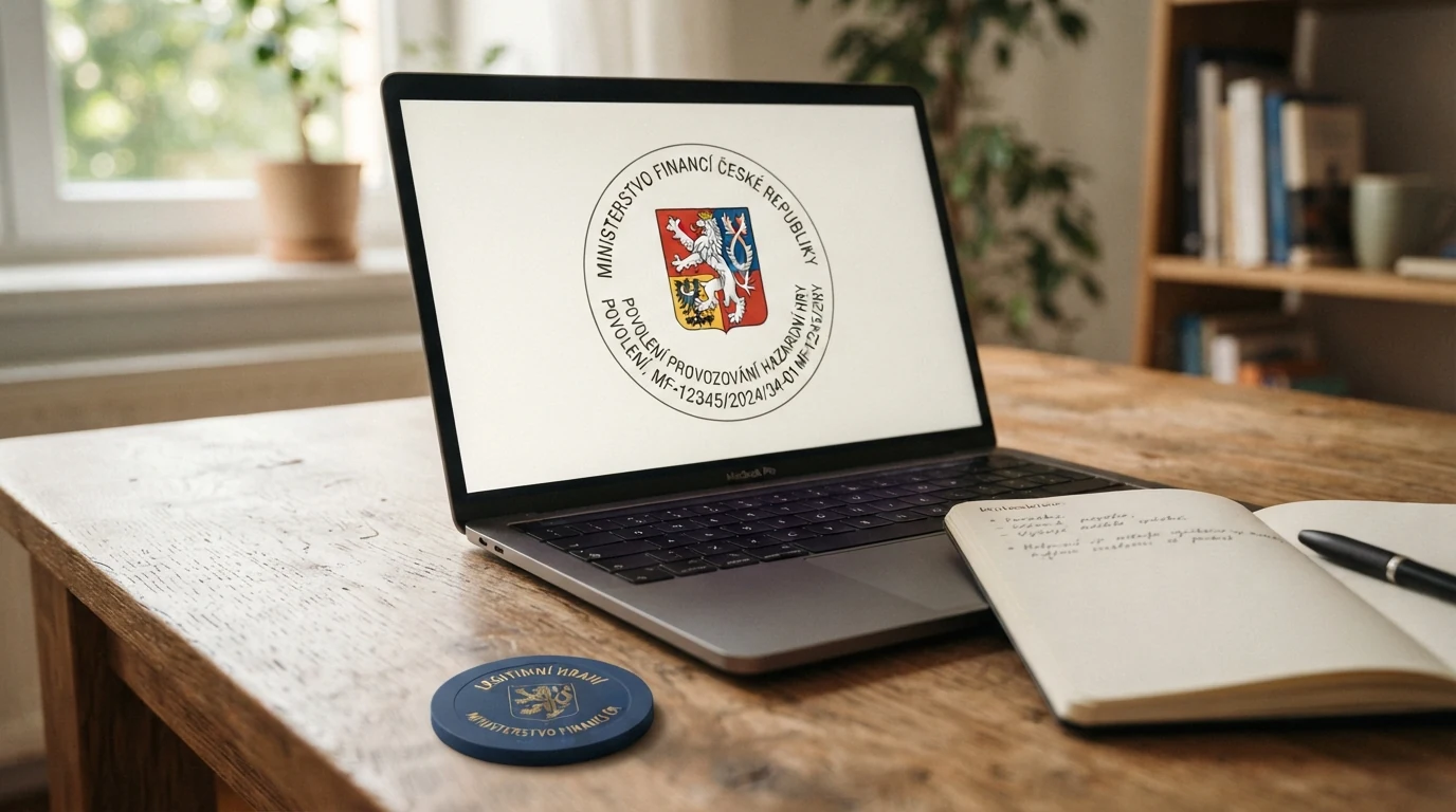 Symbol licence Ministerstva financí ČR na obrazovce vedle loga casina