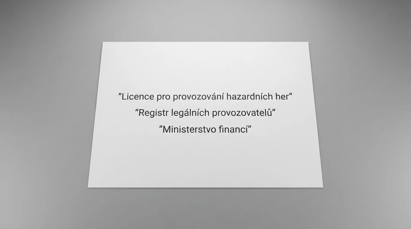 Detail oficiálního dokumentu s logem Ministerstva financí ČR a razítkem, v pozadí výřez registru legálních provozovatelů hazardních her