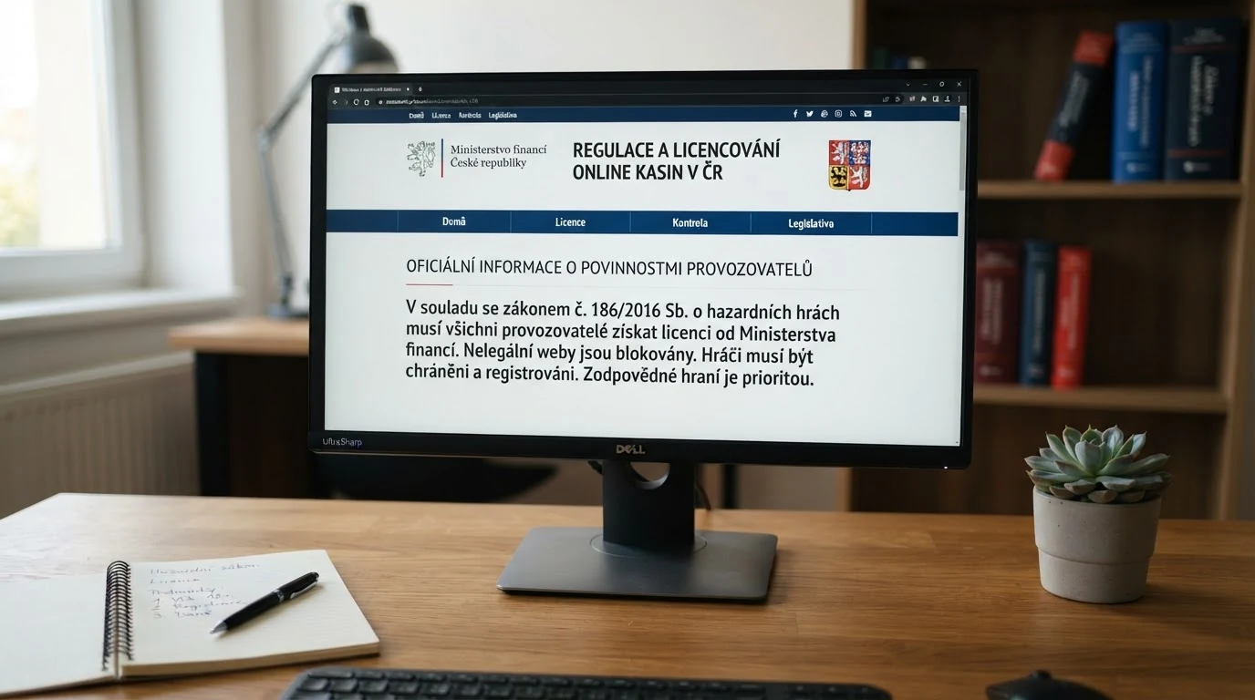 Oficiální dokument Ministerstva financí ČR a logo regulačního orgánu na obrazovce monitoru