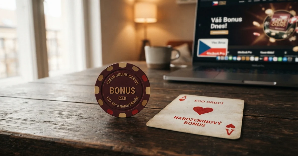 Dárková krabice a hrací karty na stole jako symbolika narozeninové odměny v online casinu
