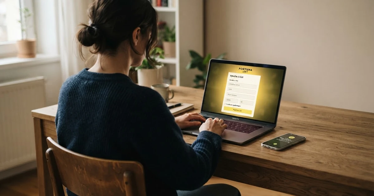 Hráč sedí u notebooku, na obrazovce je otevřené online casino s registračním formulářem, vedle leží mobilní telefon s notifikací o bonusu