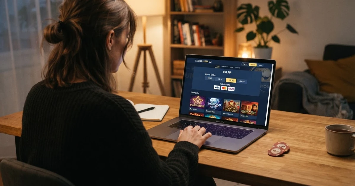 Hráč u notebooku si vybírá výši prvního vkladu na přehledové stránce online casina, vedle viditelné logo licencovaného provozovatele