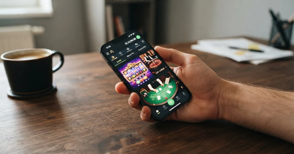 iPhone v ruce s potvrzením platby Face ID na obrazovce online kasina