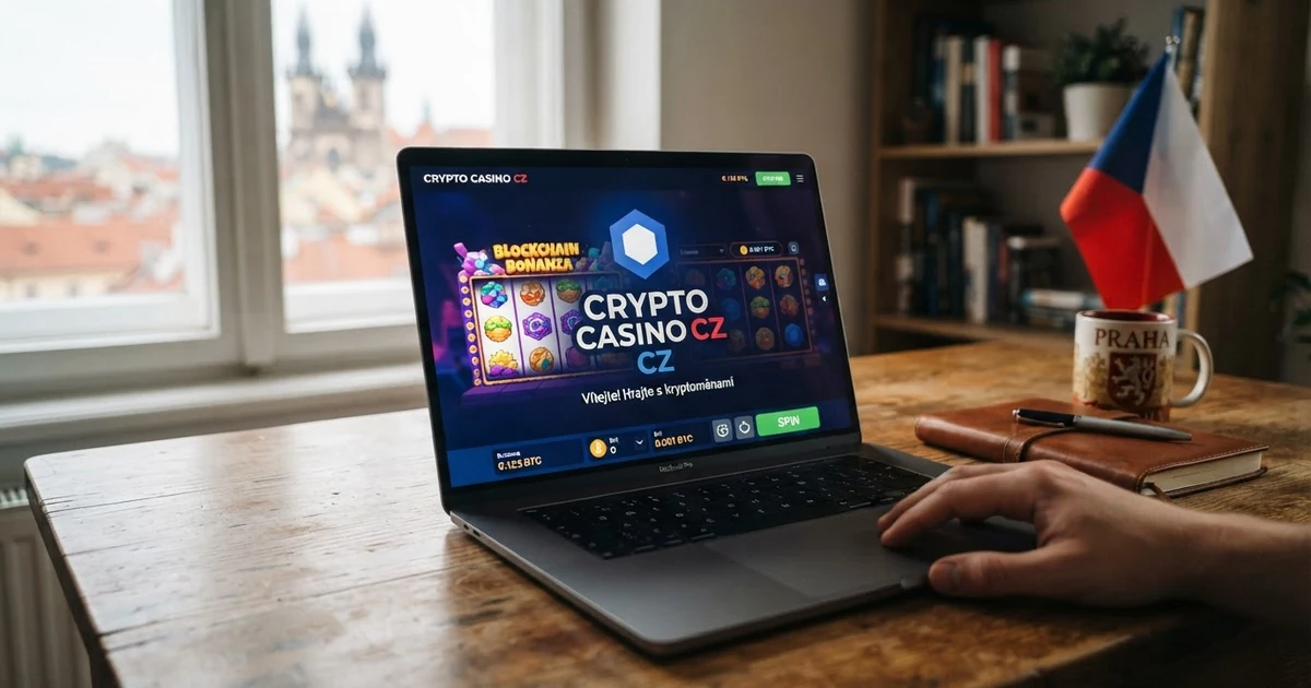 Ethereum logo před siluetou online kasina na displeji notebooku, v pozadí česká vlajka