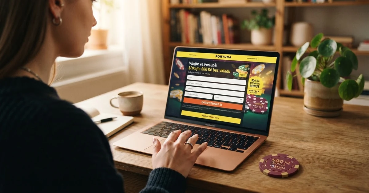 Registrační formulář online kasina na obrazovce notebooku s nabídkou uvítacího bonusu bez vkladu a tlačítkem „zaregistrovat se“