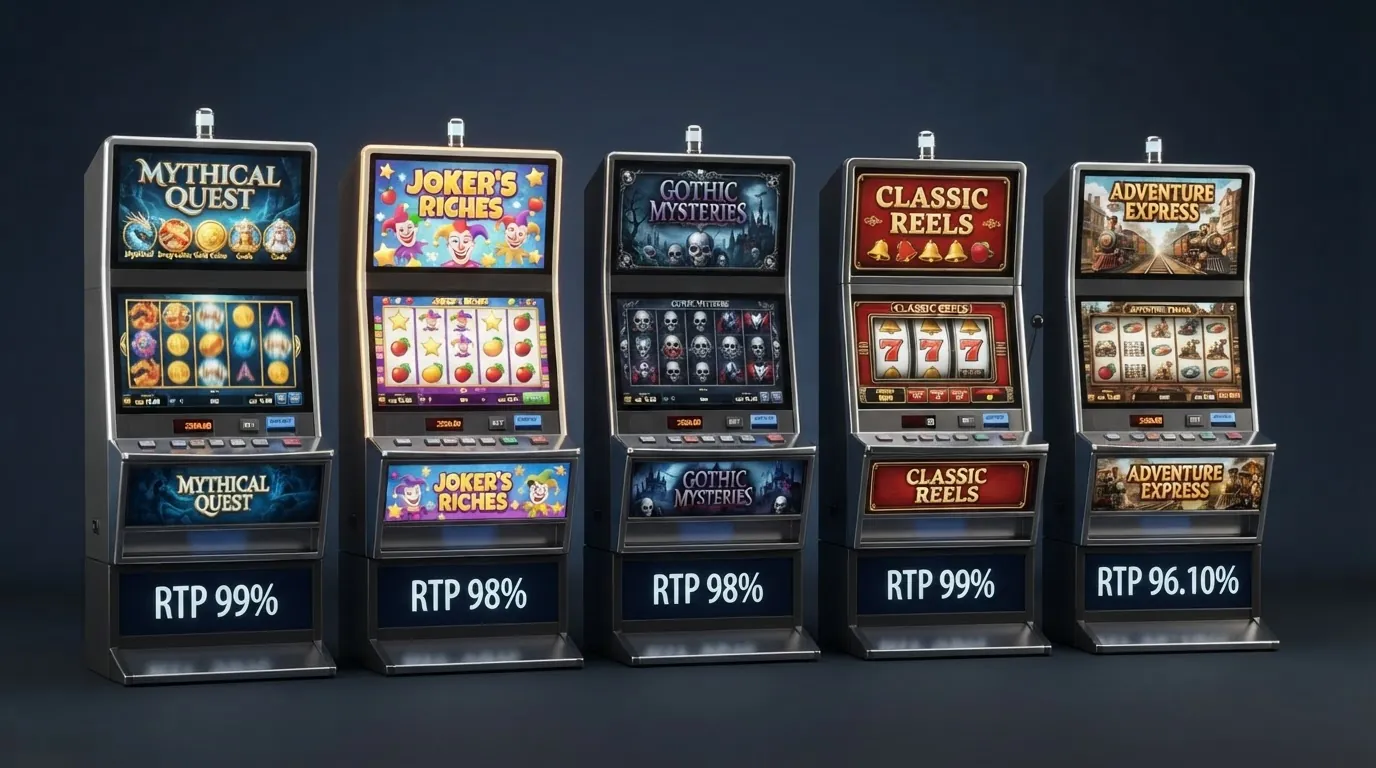 Pět automatů s nejvyšší RTP seřazených vedle sebe — Gladorius, Respin Joker, Blood Suckers, Mega Joker a Money Train 4