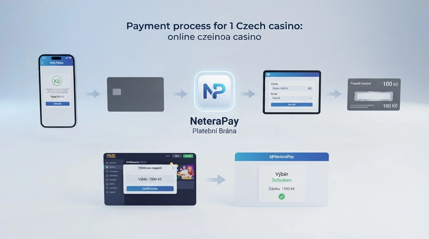 Schéma procesu vkladu a výběru přes NeteraPay: čtyři vstupní kanály (SMS, karta, převod, kupón) a dvoustupňový výběr