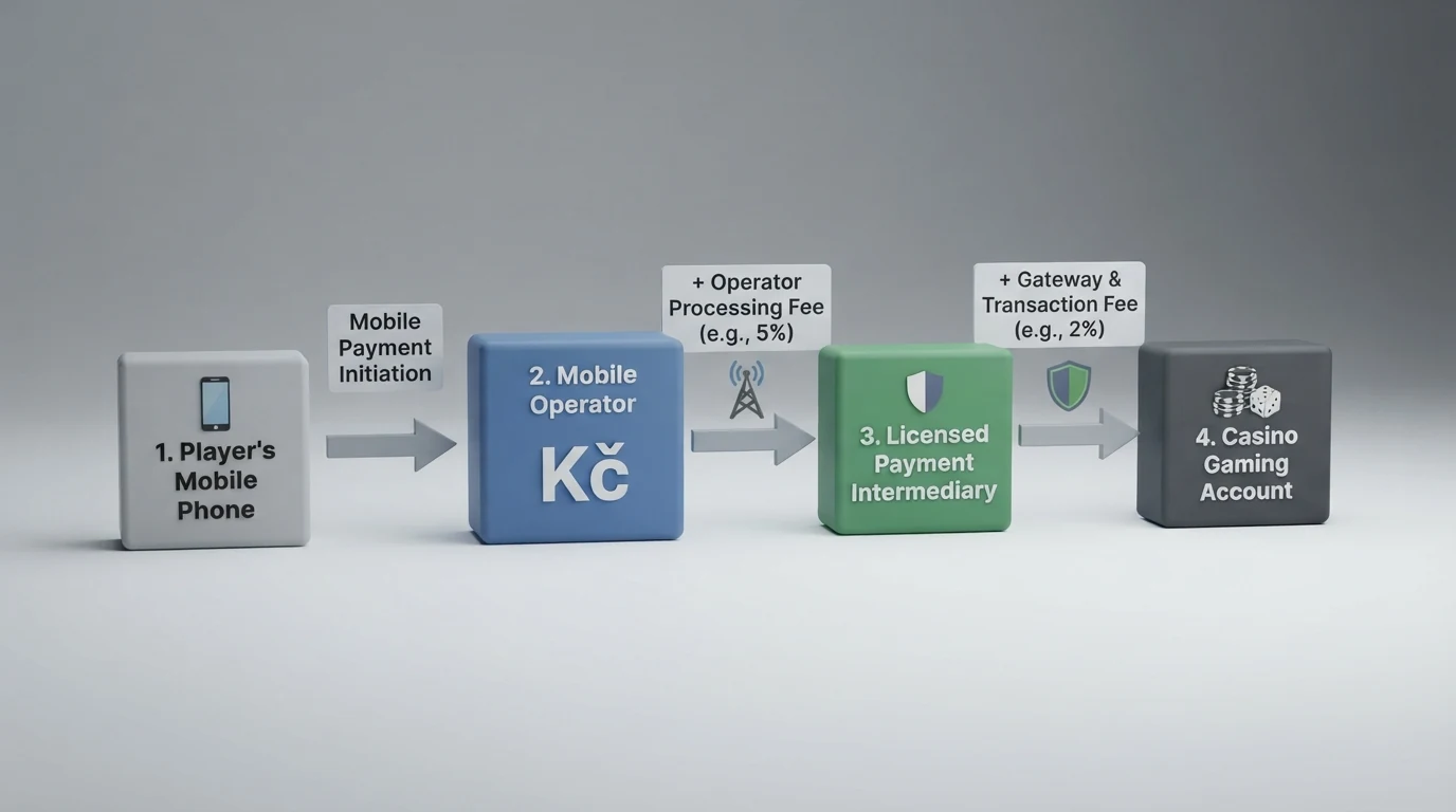 Schéma toku mobilní platby: telefon hráče → operátor (Vodafone/O2/T-Mobile) → NeteraPay → herní konto kasina, s vyznačením procentuálních poplatků na každém uzlu.
