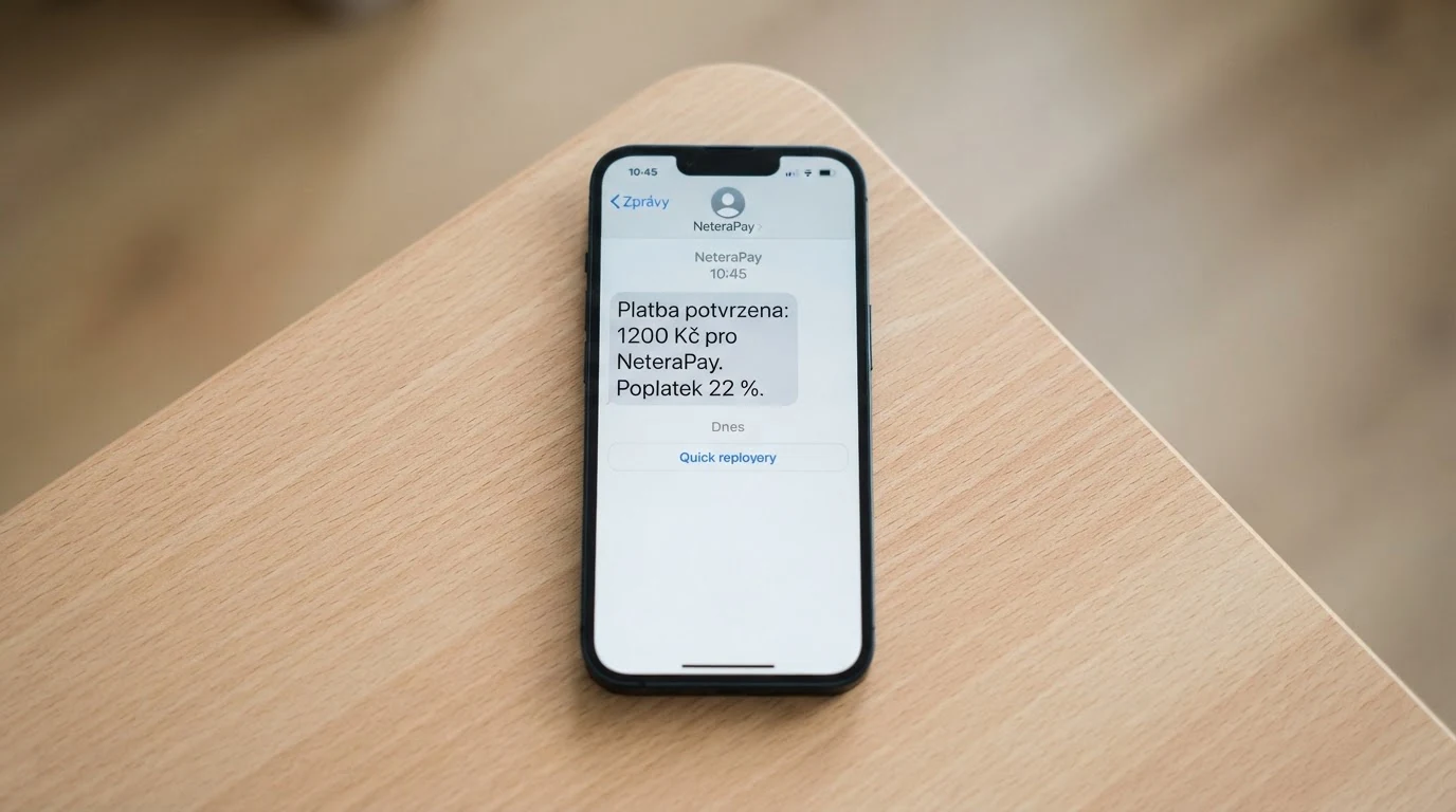Displej telefonu s potvrzovací SMS zprávou o platbě a logem NeteraPay