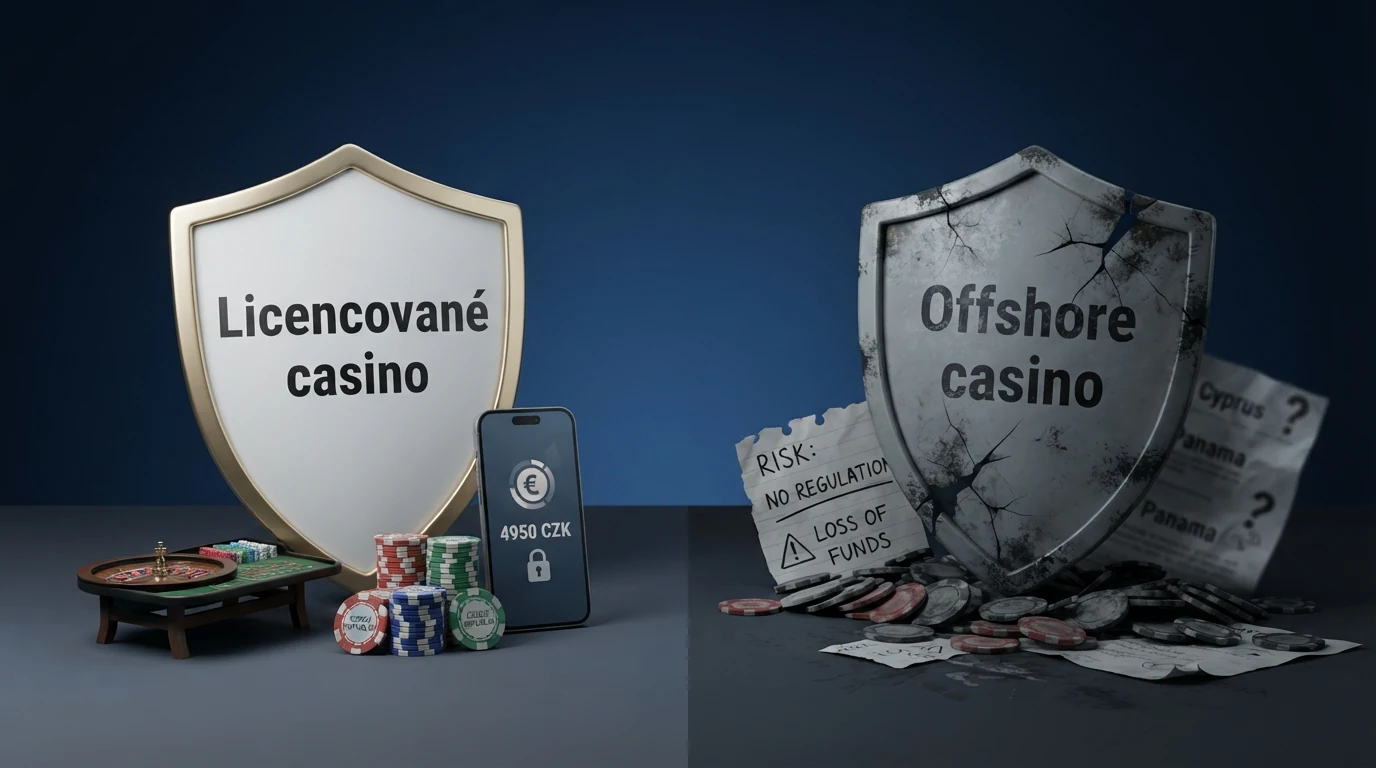 Schéma znázorňující rozdíl mezi licencovaným casinem (RVO, MF ČR, stížnost) a offshore casinem (žádná ochrana)