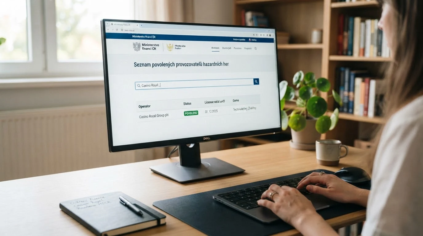 Detail registru MF ČR nebo Seznamu nepovolených her na monitoru — vyhledávací pole s názvem operátora