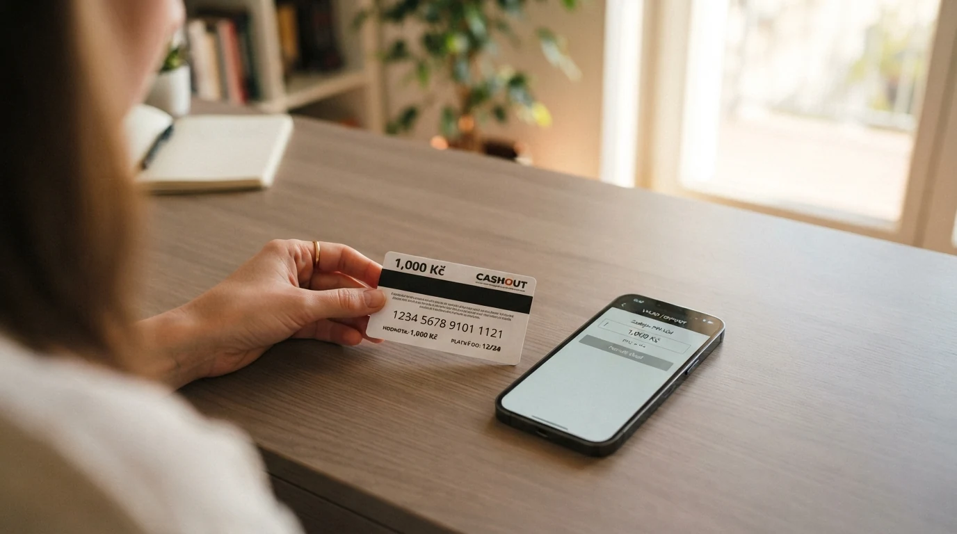 Paysafecard kupón s 16místným kódem položený vedle chytrého telefonu s otevřenou pokladnou online casina