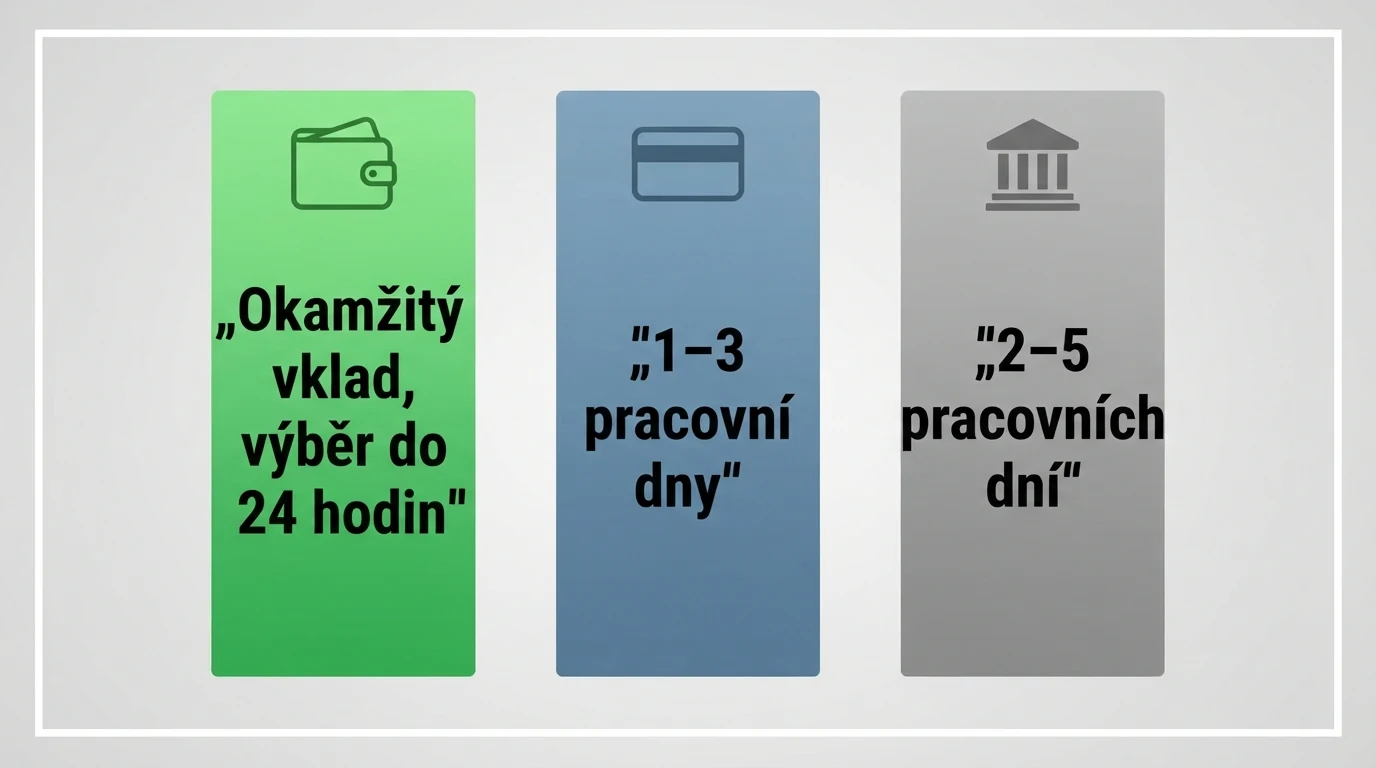 Infografika srovnávající rychlost zpracování vkladu a výběru u Skrill, platební karty a bankovního převodu