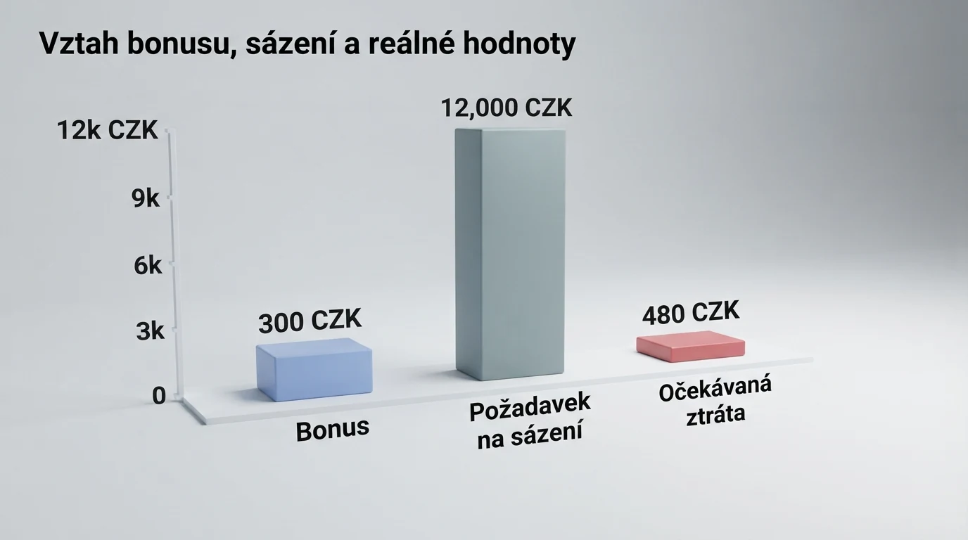 Infografika znázorňující vztah mezi výší bonusu, požadavkem na protočení a reálnou hodnotou bonusu po započtení RTP
