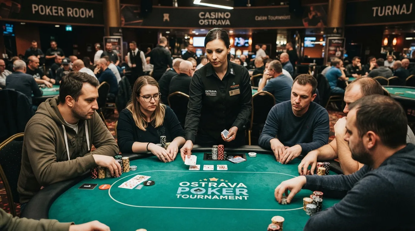 Hráči u pokerového stolu v kasinu — Texas Hold'em turnaj s krupiérem uprostřed