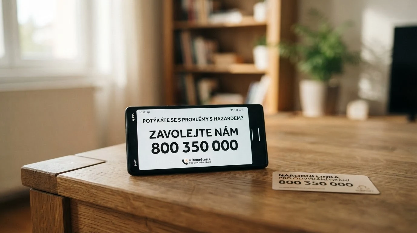 Telefonní sluchátko na pozadí s logem Národní linky pro odvykání hazardnímu hraní a číslem 800 350 000