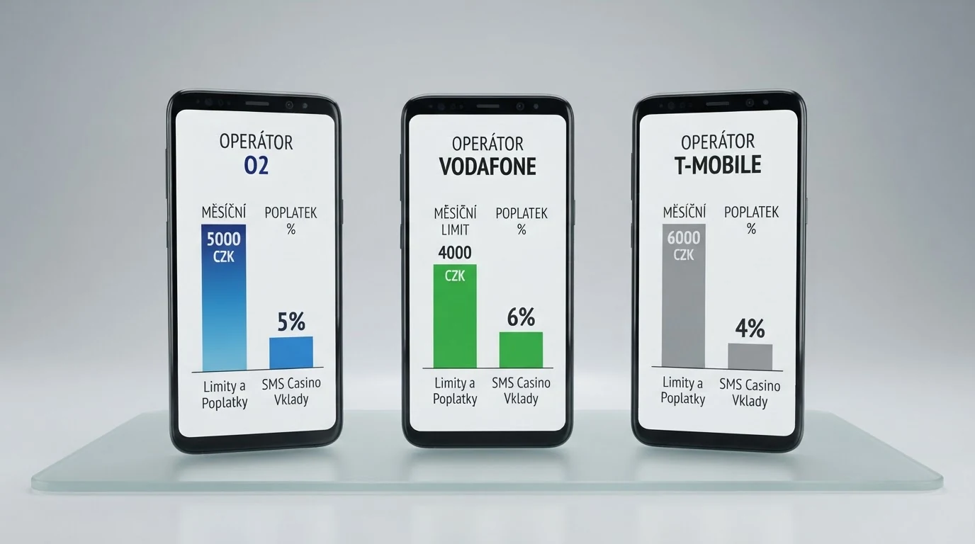 Infografika znázorňující tři mobilní operátory (O2, Vodafone, T-Mobile) s částkami měsíčních limitů a procenty poplatků u každého z nich
