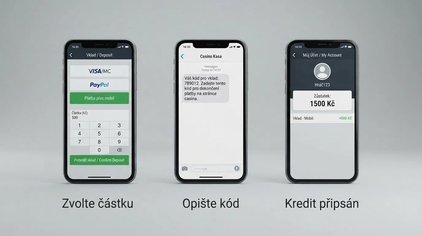 Infografika tří kroků vkladu přes m-platbu: výběr částky v pokladně kasina, potvrzení SMS kódem na mobilu a připsání kreditu na herní konto