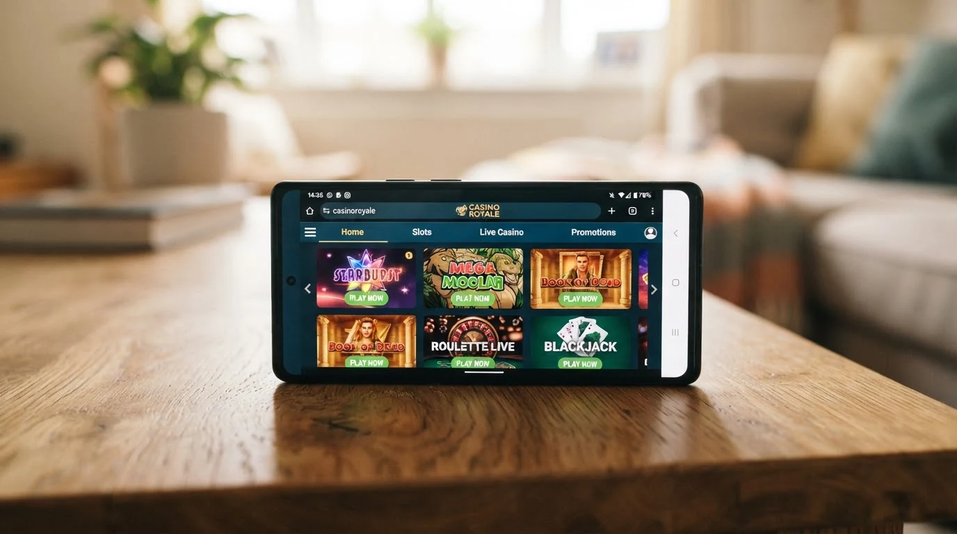 Mobilní telefon s otevřeným prohlížečem zobrazujícím casino hru bez nainstalované aplikace