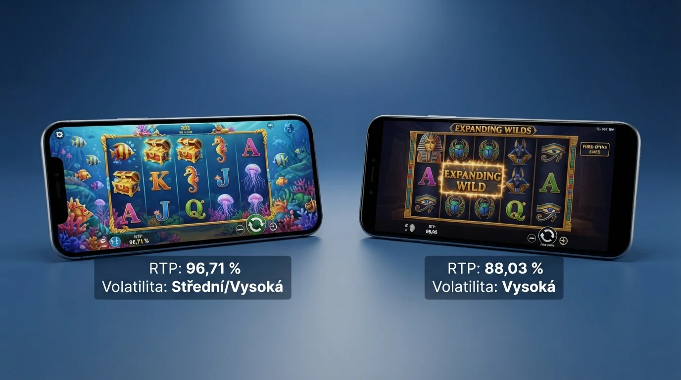 Srovnání dvou automatových her s vyznačenými hodnotami RTP a volatility v informačním panelu