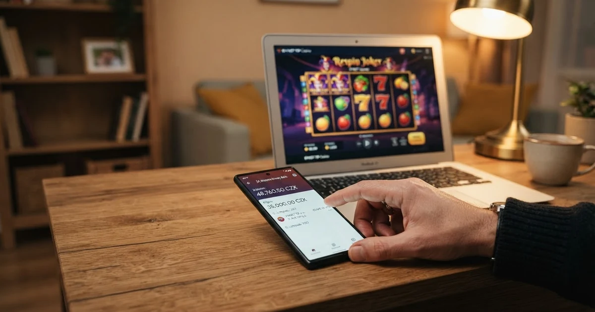 Hráč u notebooku kontroluje výběr výhry z online casina v mobilním bankovnictví