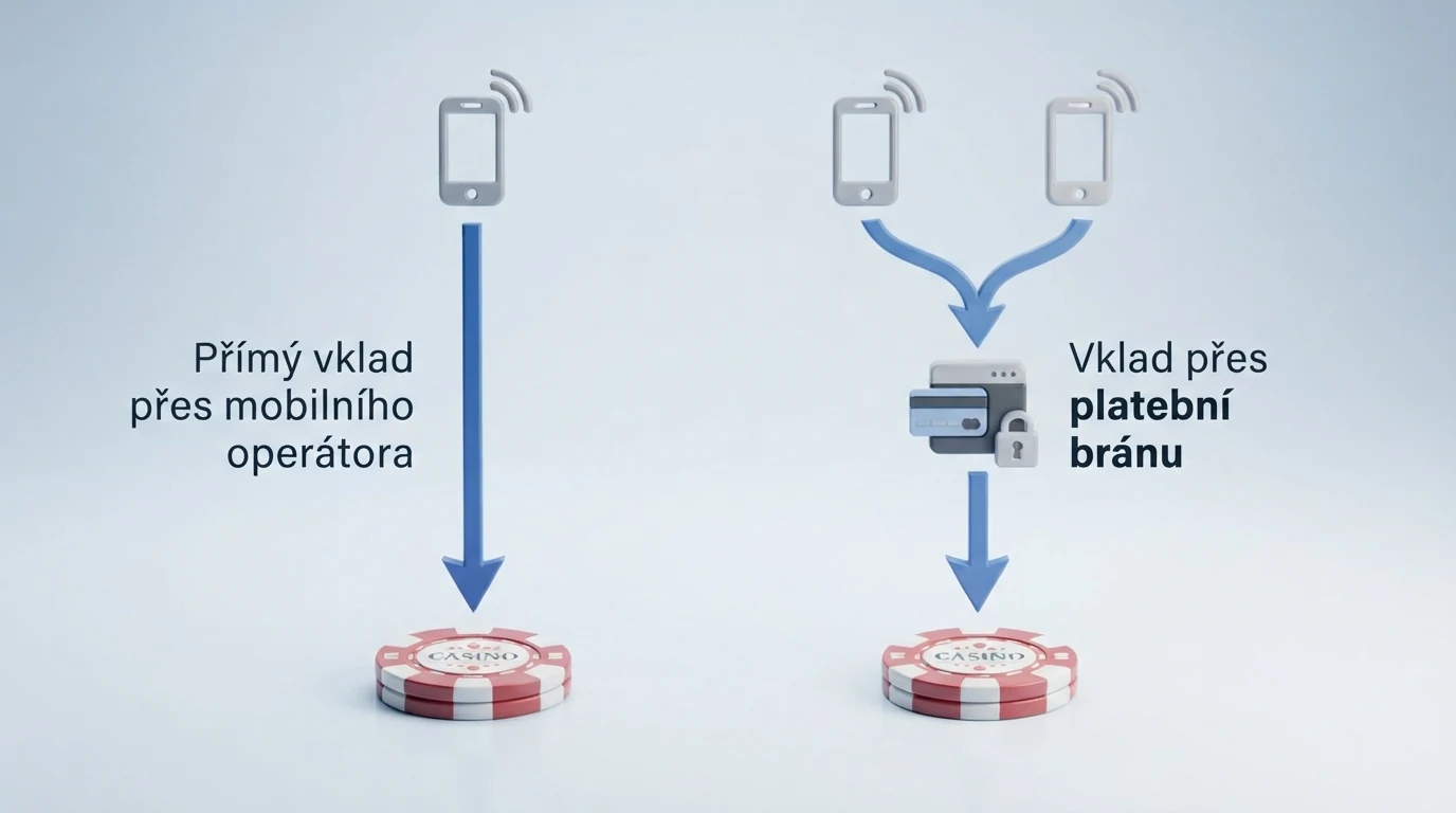 Infografika dvou cest SMS vkladu — přímá trasa přes Vodafone a nepřímá přes platební bránu NeteraPay