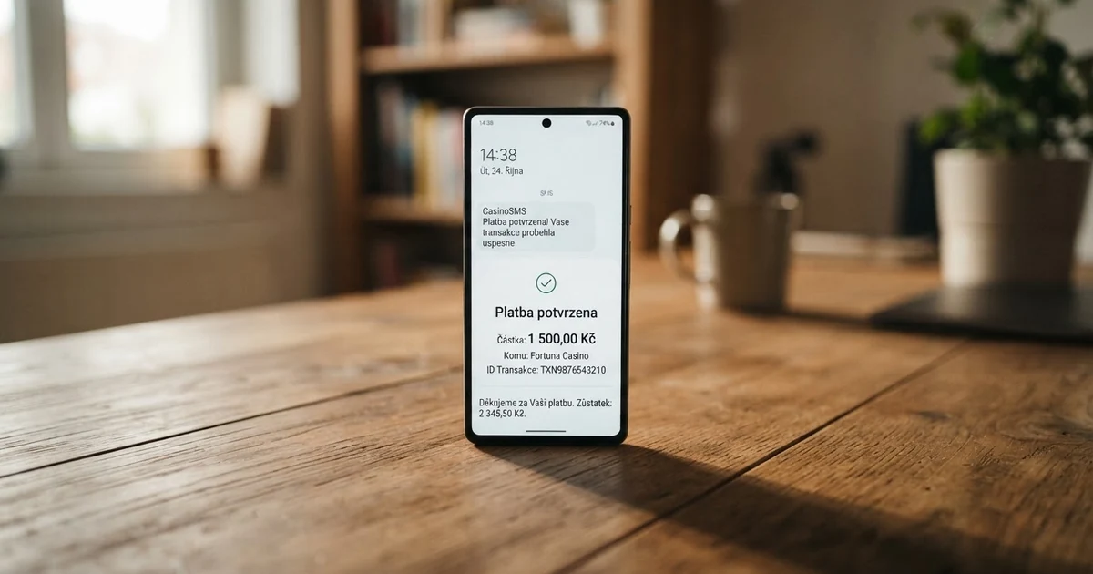 Mobilní telefon s displejem zobrazujícím potvrzení SMS transakce do online casina