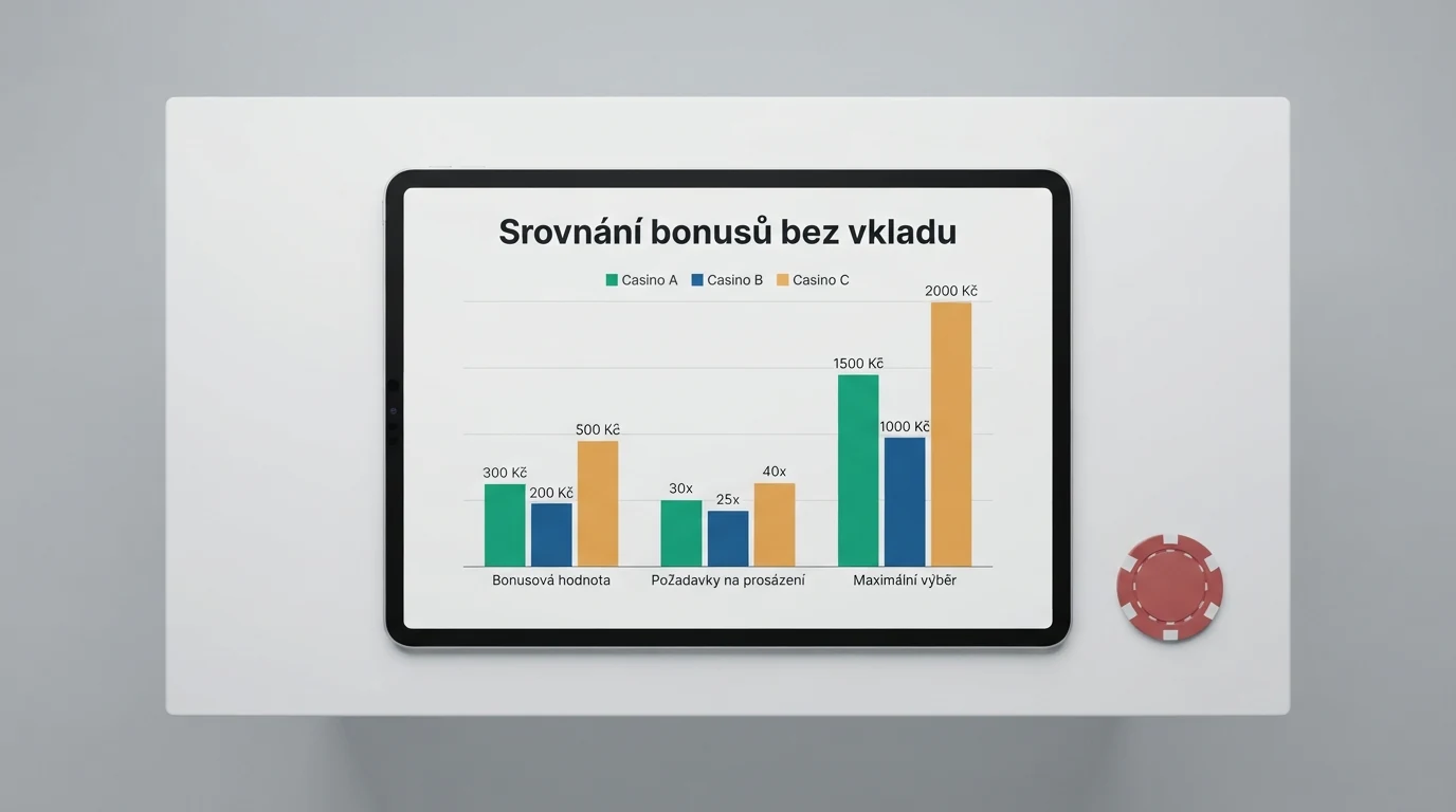 Přehledná tabulka srovnávající deset českých casin podle výše bonusu bez vkladu a podmínek protočení